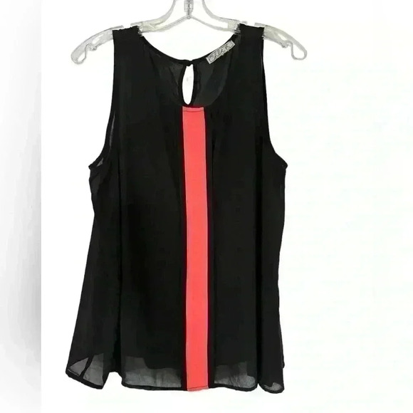CHLOE K BLACK SILK TANK WITH NEON ORANGE STRIPE KEY HOLE WITH BUTTON CLOSURE - Picture 5 of 5